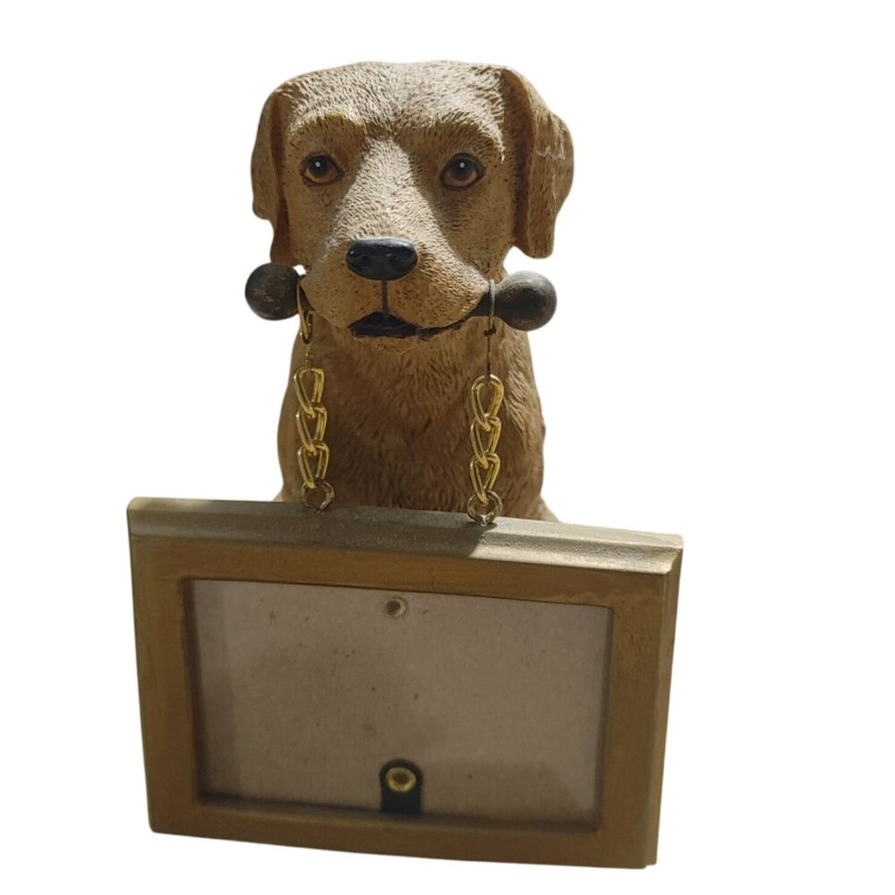 Dog Figurine Holding Mini Photo Frame Gold Chains 4 Inch Tall Resin Home Decor